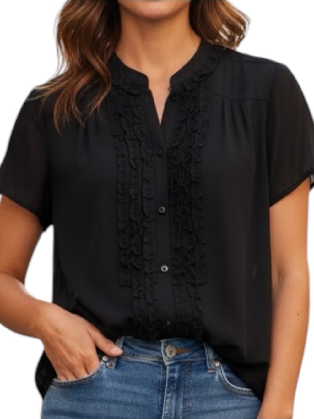 Catherine Malandrino Sz MEDIUM Black Short-Sleeve Ruffle Front Chiffon Blouse
